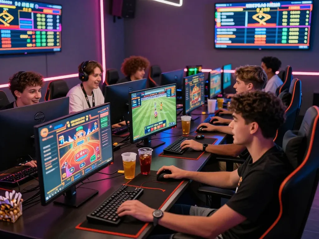 Friends enjoying gaming together at EE88 platform with vibrant graphics and lively atmosphere.