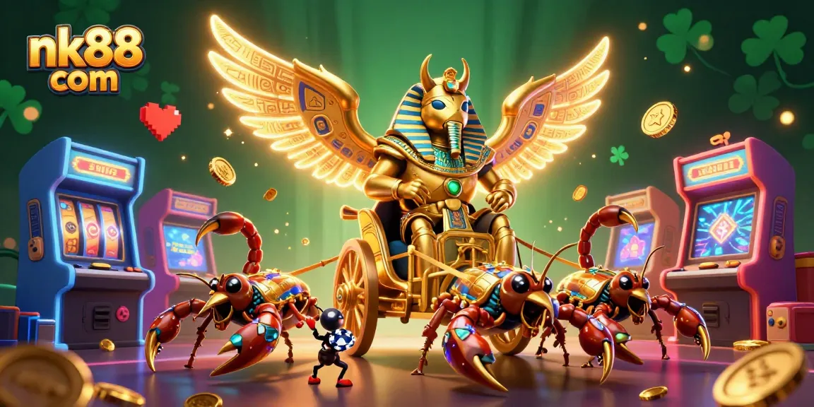 Engage in thrilling casino action at nk88 com with vibrant characters and game elements in a rich 3D illustration.