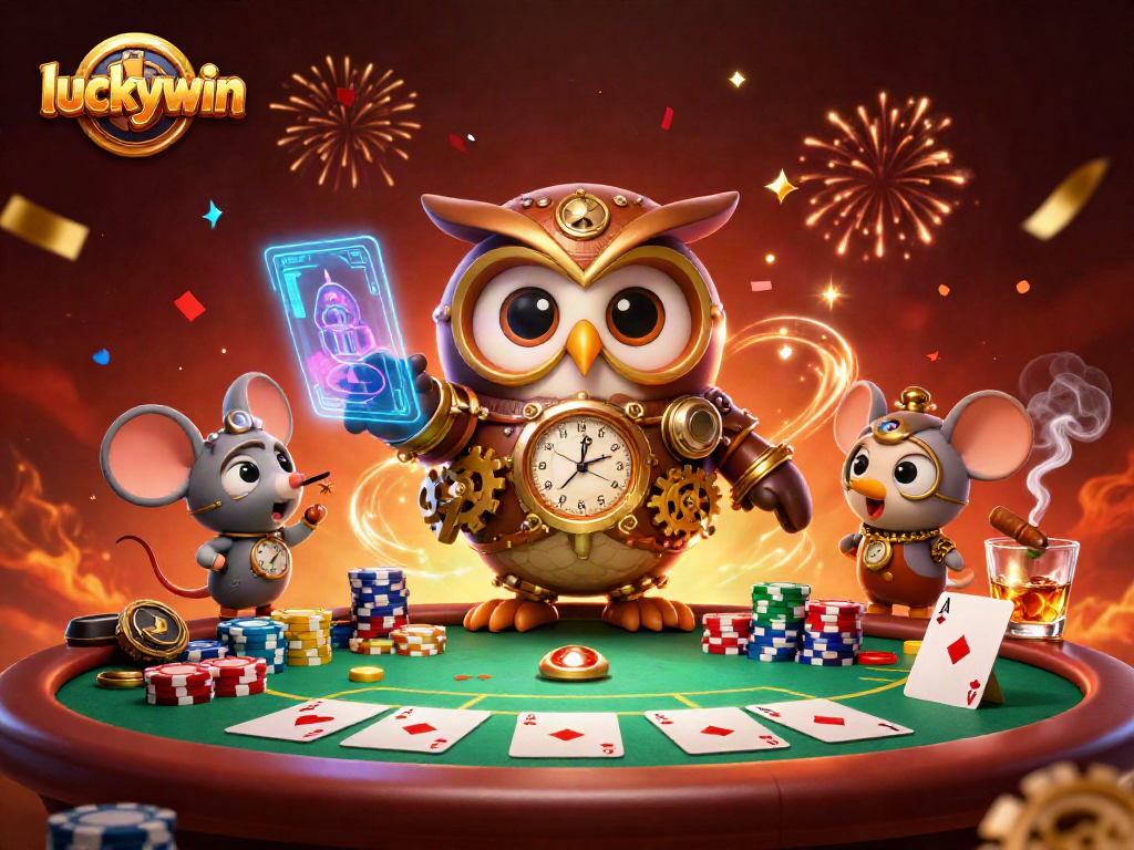 Engage with luckywin's thrilling poker experience featuring vibrant casino elements and exciting characters.