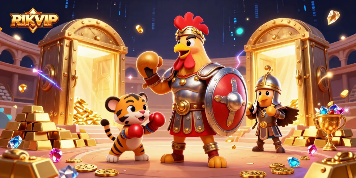 Experience the thrilling action at RIKVIP with a vibrant 3D illustration of a gladiator rooster and treasures.