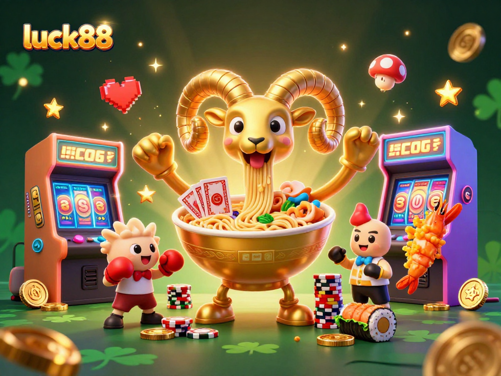 Engage with luck88 through an animated 3D casino scene featuring vibrant characters and gaming elements.