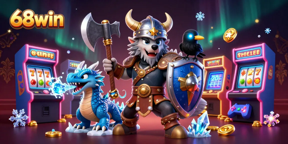 Experience the thrilling gameplay of 68win with a Viking, dragon, and raven in an engaging casino scene.