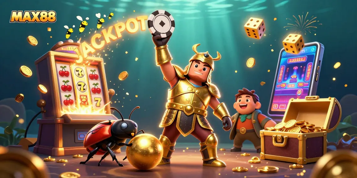 MAX88 jackpots celebrated by a victorious beetle amidst casino excitement.