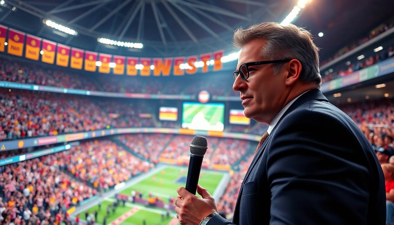 Sports Broadcasting live report from a bustling stadium with cheering fans in the background.