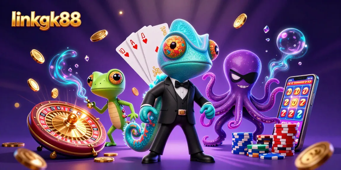 Experience linkgk88's thrilling casino action with chameleon agents, shimmering coins, and vivid cards.