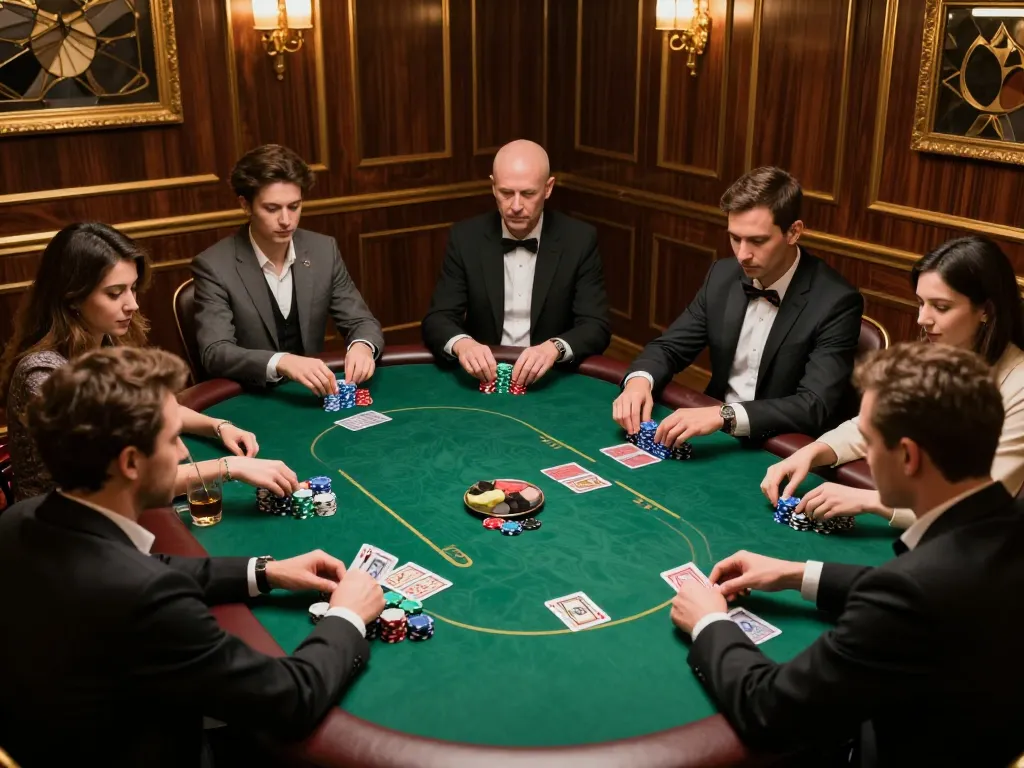 ve88 players engaged in high-stakes poker game, showcasing tension and strategic gameplay in a luxury casino