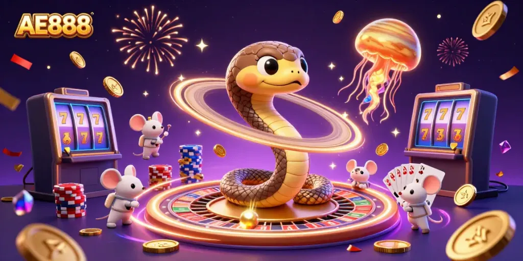 Experience AE888 as a vibrant cosmic casino featuring a snake roulette and betting mice.