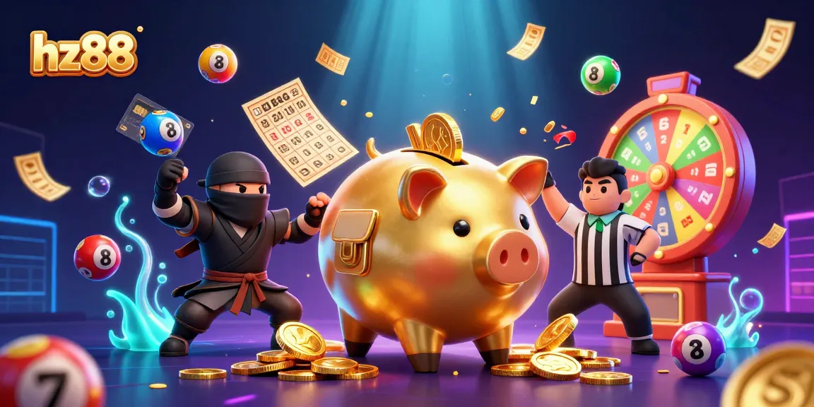 Join the fun with hz88 as a golden piggy bank sumo wrestler stomps coins, surrounded by lottery elements.