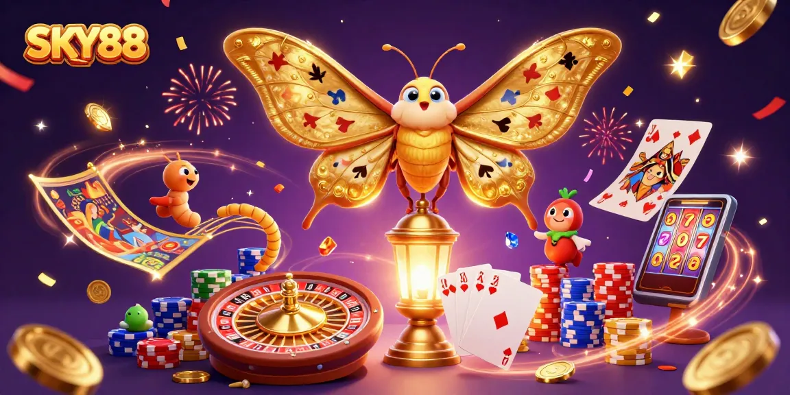 SKY88 players enjoy exciting wins among golden coins, vibrant gaming scenes, and celebration.