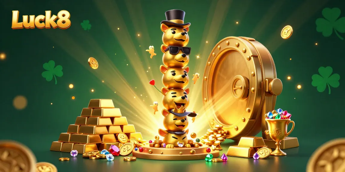 Engage with Luck8's thrilling casino experience featuring a decorative totem pole amidst treasure chests and vibrant light effects.