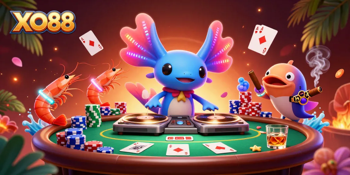 Spin and win with XO88's vibrant gaming scene featuring a neon axolotl DJ.
