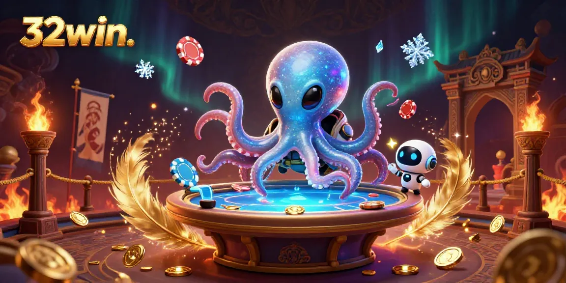 Experience the thrilling world of 32win. with a vibrant 3D illustration showcasing an alien octopus at a poker table surrounded by dynamic casino elements.
