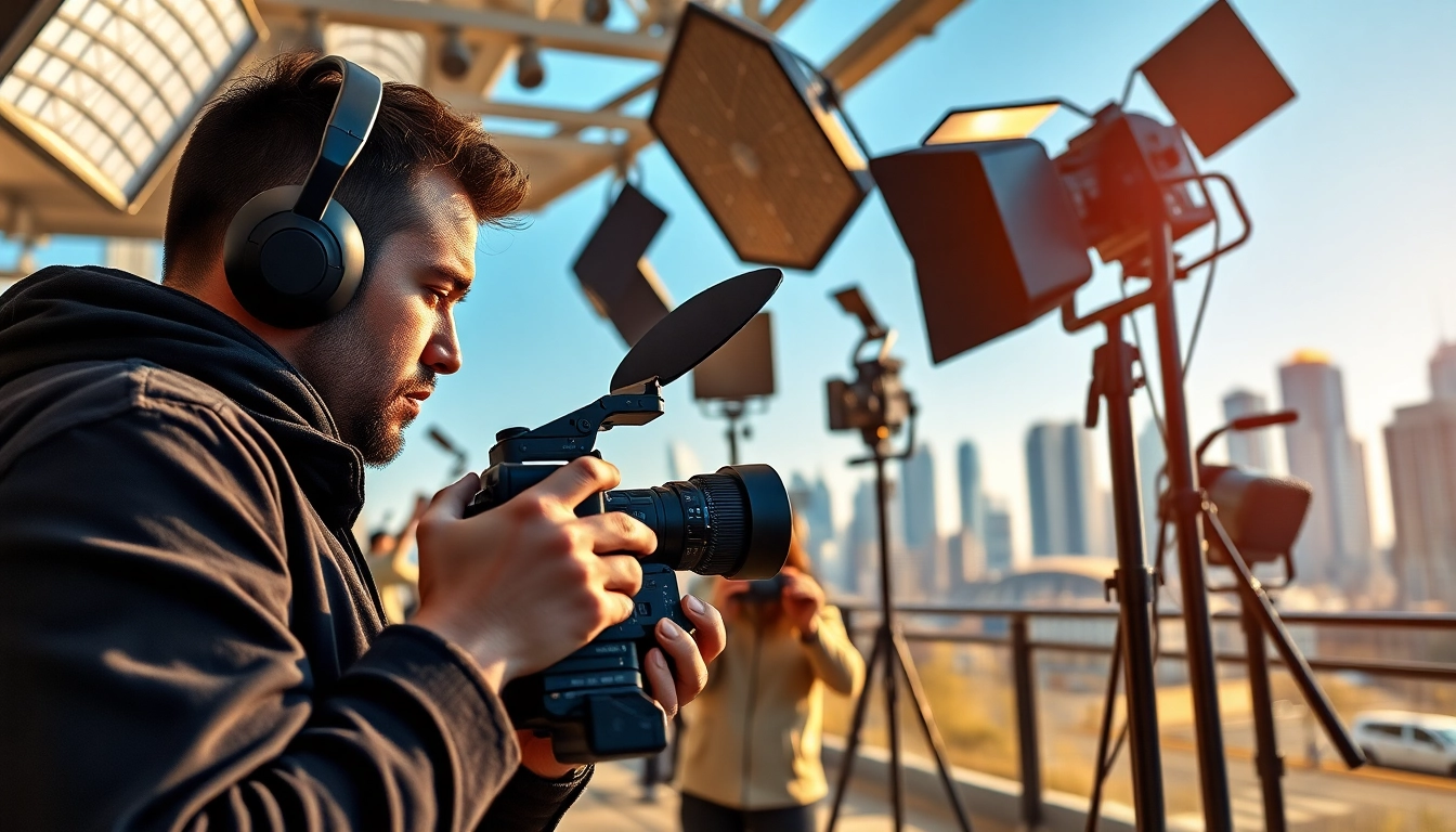 Engaged video production team showcasing creative expertise in a vibrant urban setting.