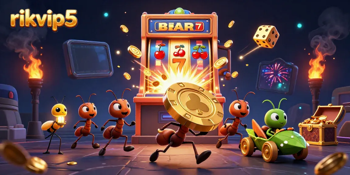 Experience the thrilling heist of rikvip5 as quirky ants transport a giant poker chip amidst a vibrant casino explosion.