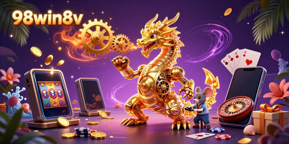 Experience the exciting world of 98win8v with immersive 3D gaming visuals and dynamic elements, showcasing slot games.