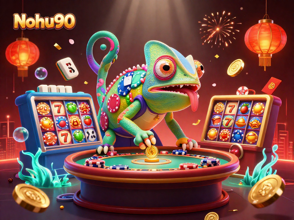 Nohu90 engages players with a dynamic scene featuring 3D chameleon casino owner amidst vibrant slots.