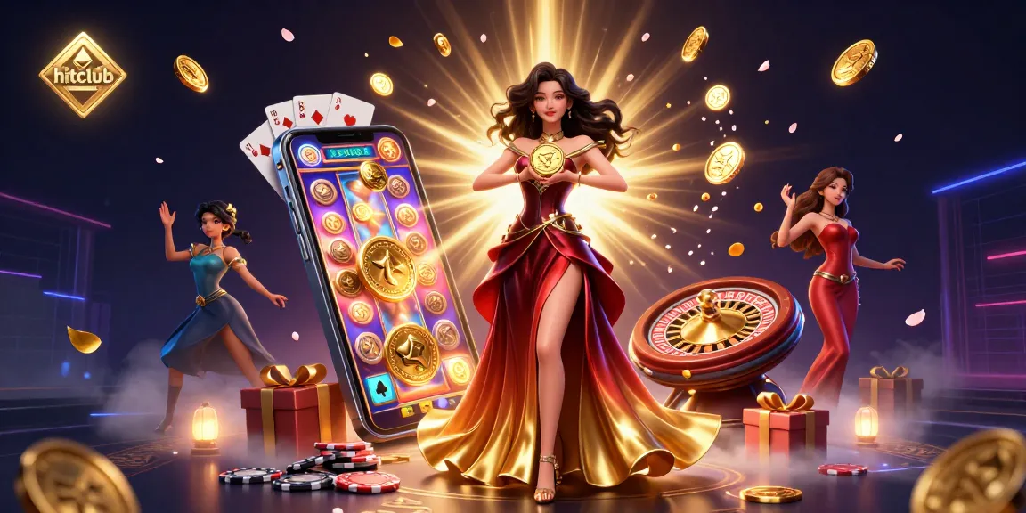Experience excitement with hitclub as a beautiful woman holds a golden coin surrounded by casino elements.
