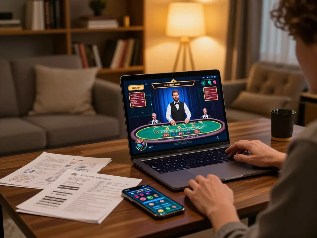 Player enjoying a live dealer game on 789betss at a cozy home setup, showcasing engaging casino atmosphere.