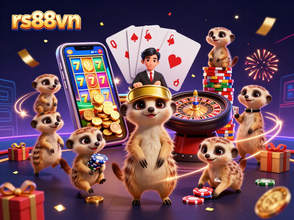 Experience lively gaming action with rs88vn's charming meerkat characters in a vibrant casino.