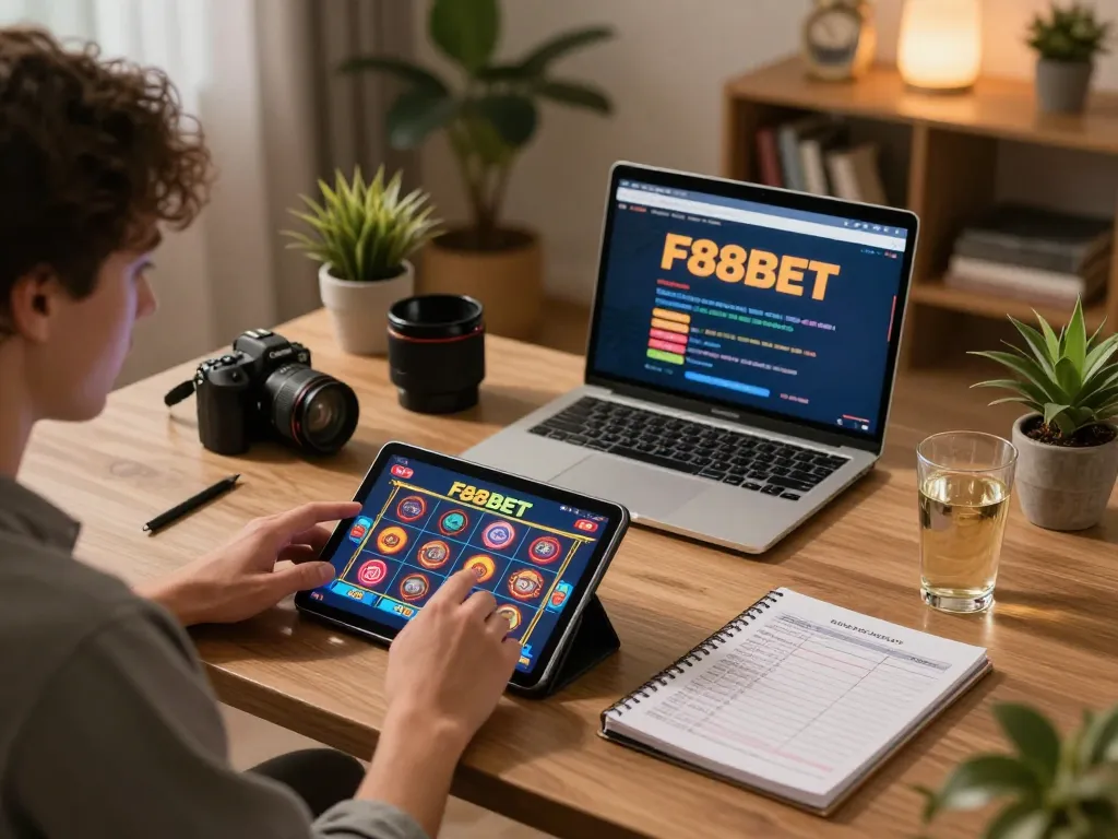 Engaging in F88BET casino slots on a tablet at a stylish home gaming setup.
