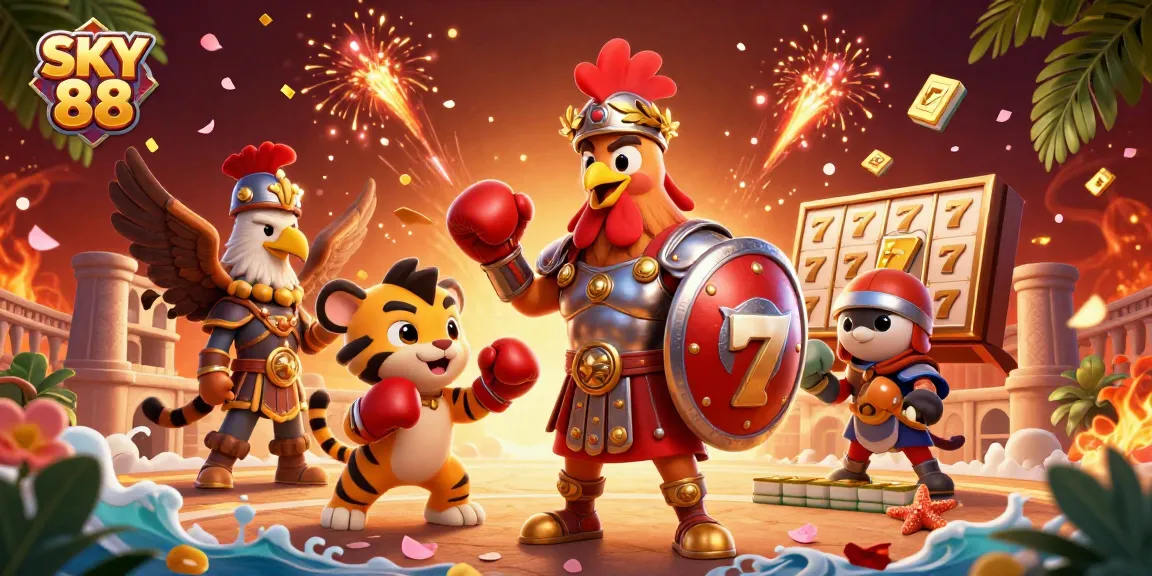 Experience the thrill of winning with SKY 88 as a cartoon gladiator rooster showcases dynamic slot elements in a captivating arena.