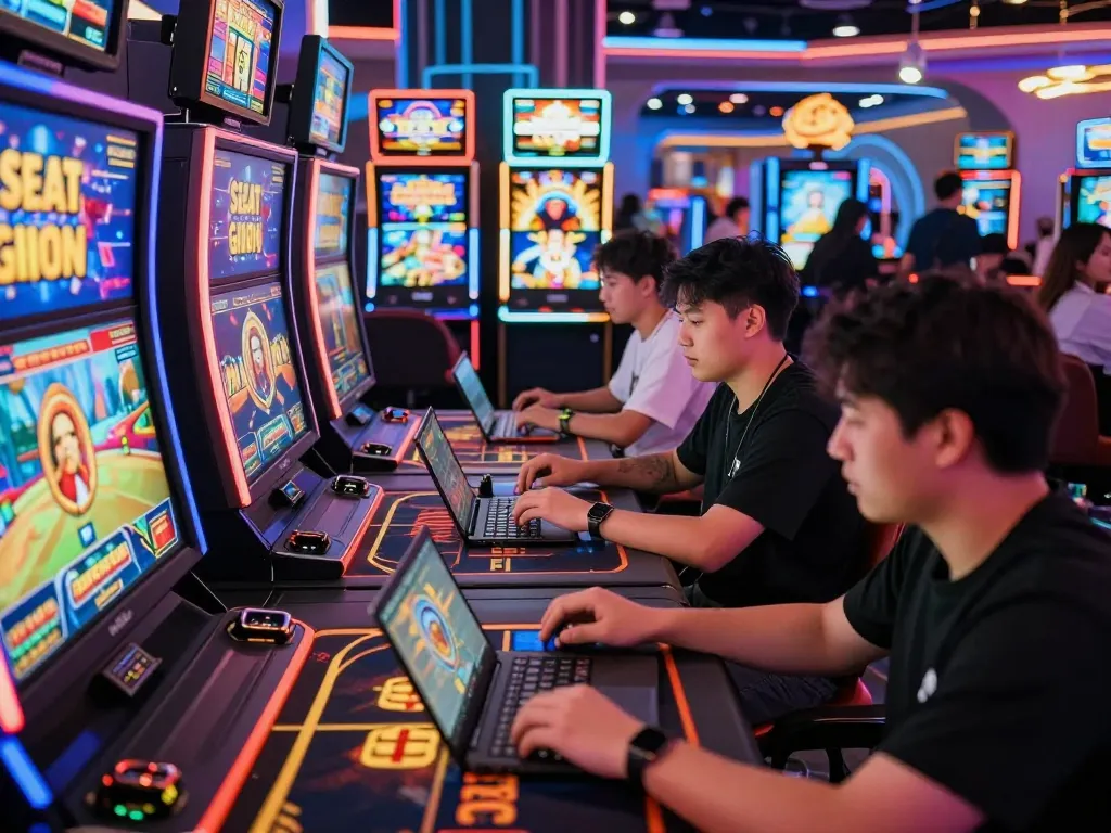 Excited players enjoying go88 online gaming experience in a vibrant casino-like atmosphere.