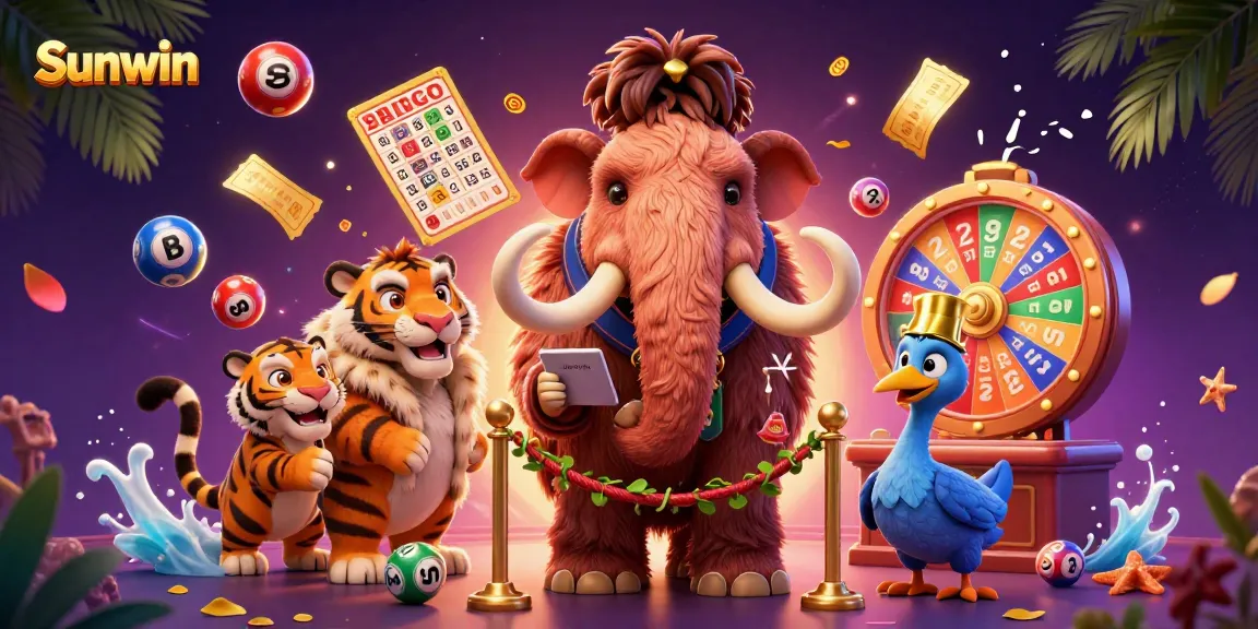 Sunwin casino bouncer checks IDs as a saber-tooth VIP and dodo doorman create a lively gaming atmosphere.