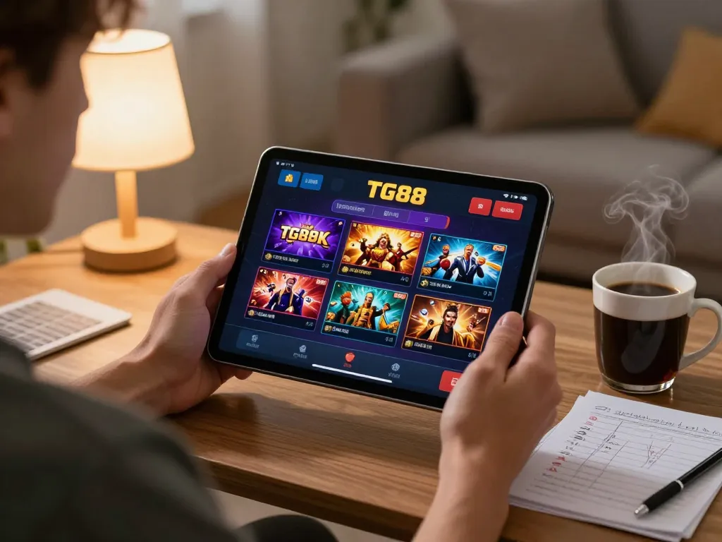 Player engaged in online gaming with TG88 on tablet, showcasing a cozy home atmosphere.