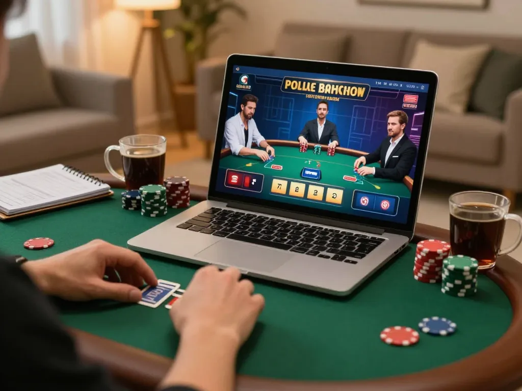 KONG88 player strategizing in a cozy living room during an online poker game.