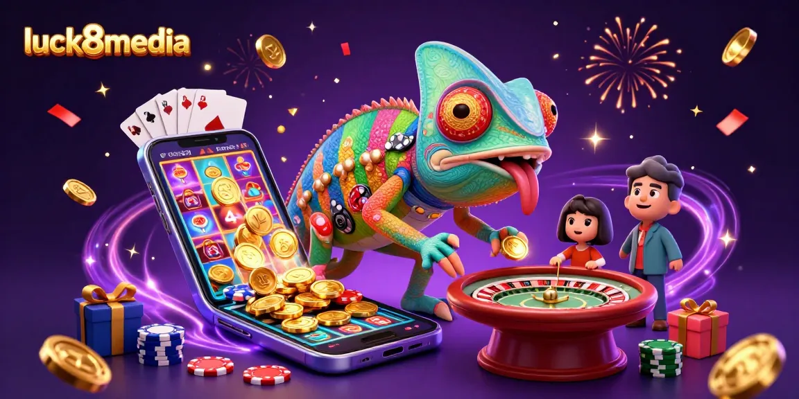 Engage with luck8media’s chameleon-themed casino scene featuring colorful games and dazzling effects.