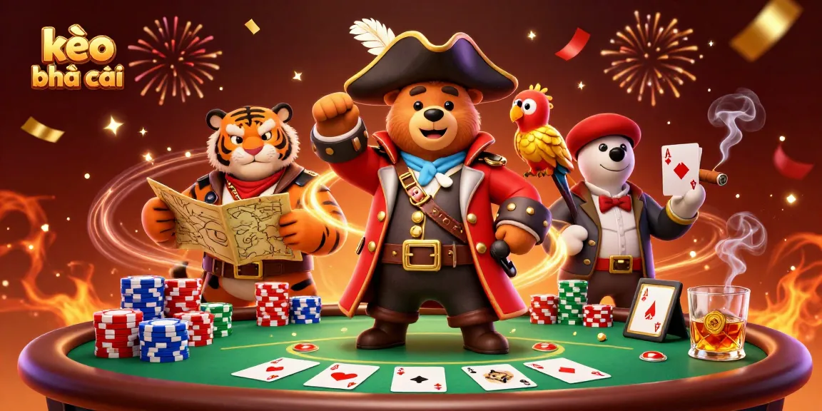 Engage with kèo nhà cái in a dynamic casino scene featuring a pirate bear, tiger, and parrot.