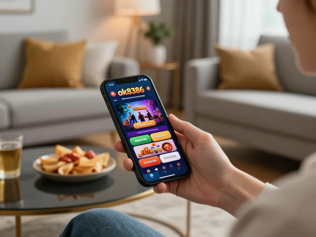 Person enjoying a game on the ok8386 casino app on smartphone in a cozy home setup.