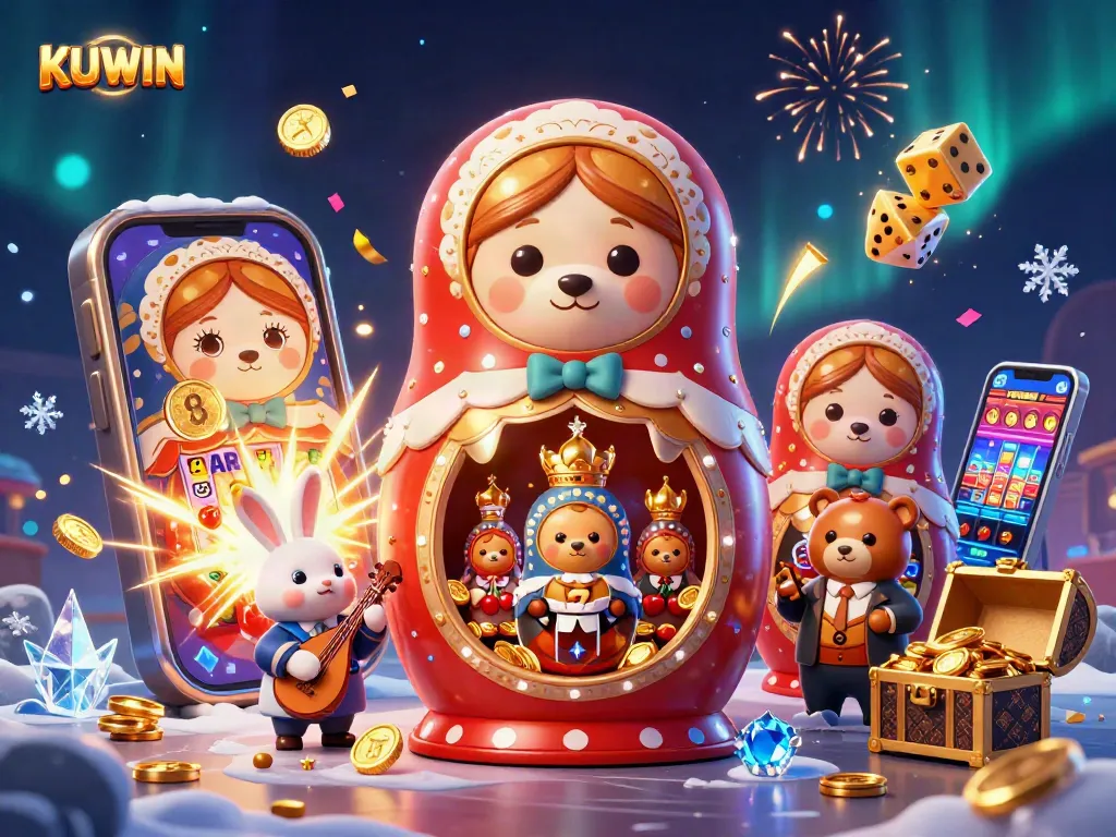 Experience thrilling gaming at KUWIN with vibrant casino-inspired elements and captivating characters.
