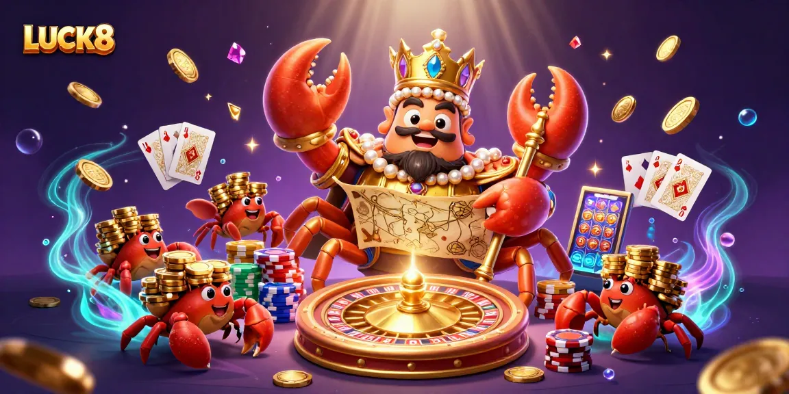 LUCK8 showcases a vibrant 3D casino scene with a golden crab emperor amidst sparkling treasures and game elements.