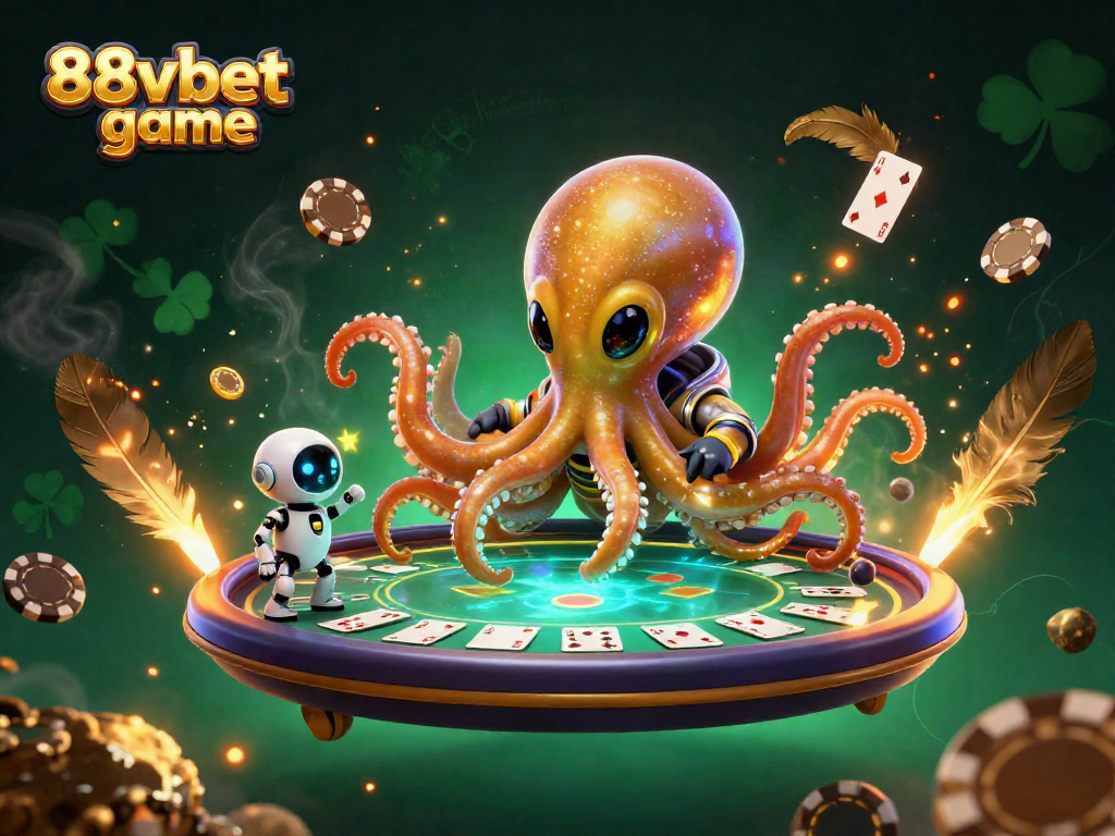 Engage with 88vbet game featuring an alien octopus at a poker table surrounded by vibrant casino elements.