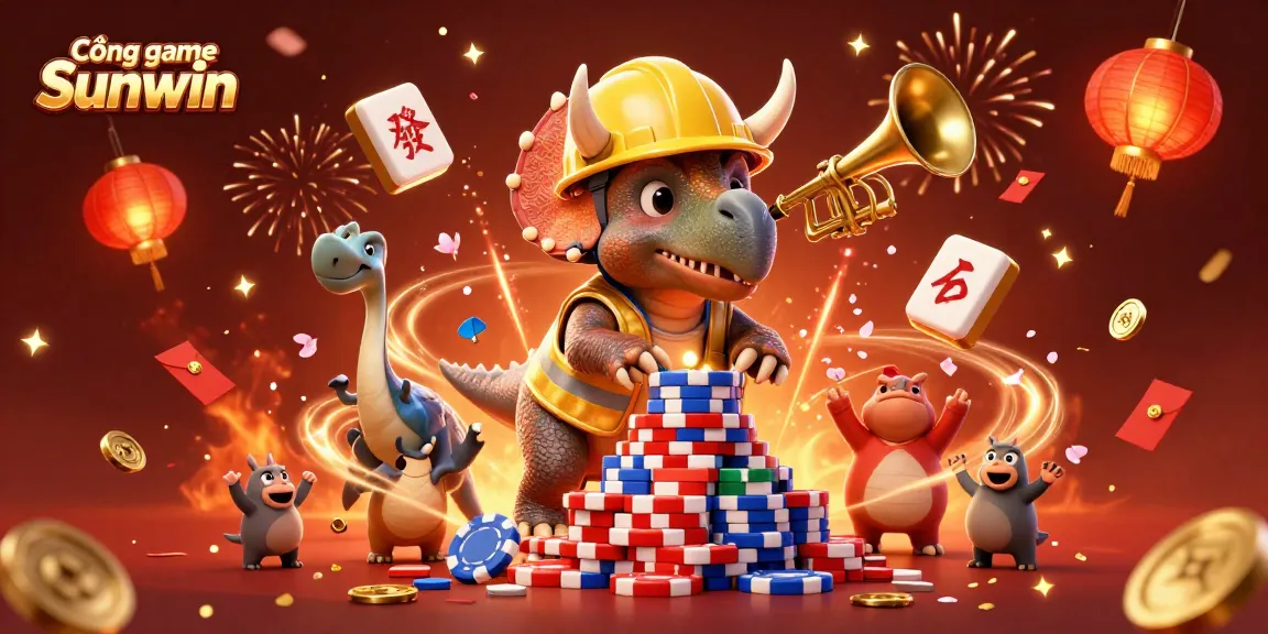 Cổng game Sunwin showcases a playful casino scene celebrating with vibrant 3D characters and festive elements.