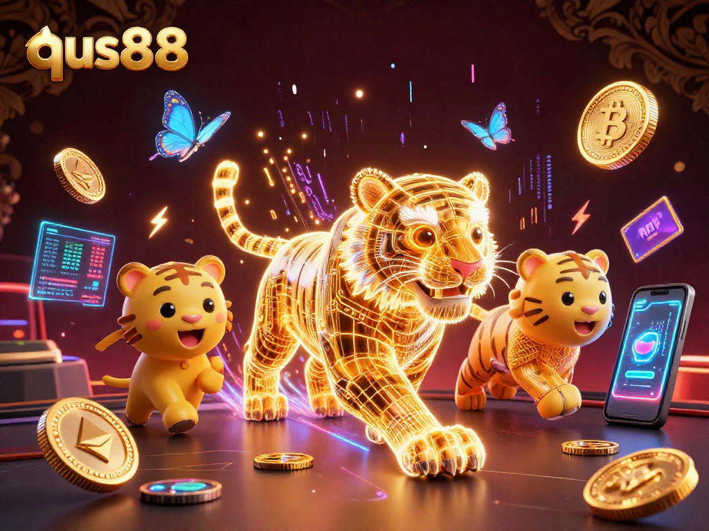 Experience qs88 with a vibrant 3D casino scene featuring a glowing tiger and crypto coins.