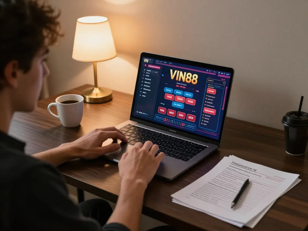 Experience online gambling excitement with VIN88 casino setup in a cozy home environment.