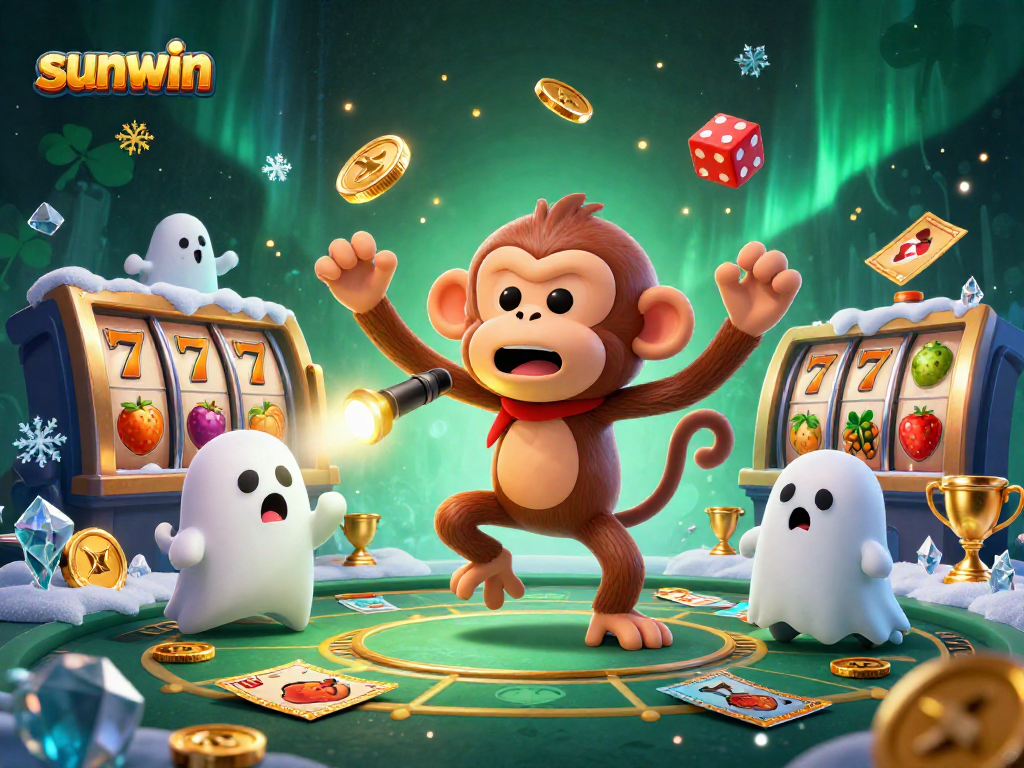 Watch sunwin’s poltergeist monkey juggling coins and cards in a vibrant haunted casino.