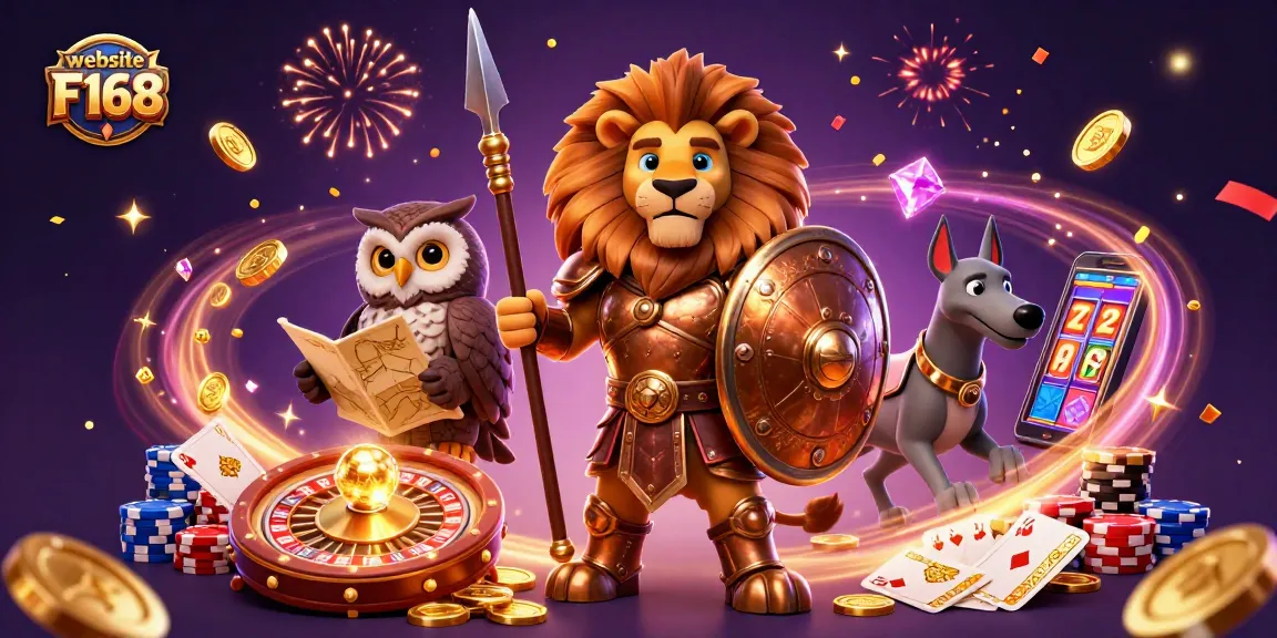 Experience thrilling bets and games on website F168 featuring a lion, owl, and greyhound amid dynamic casino elements.
