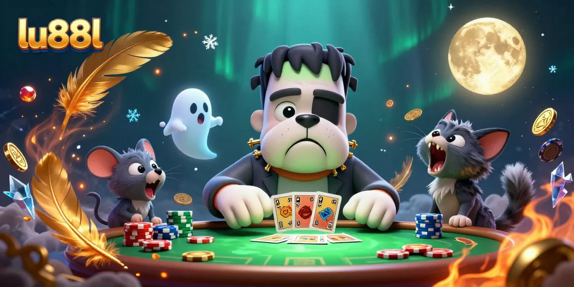 lu88l showcases a lively 3D casino scene with characters playing cards and tokens scattered.