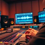 Engaging scene of online audio mastering with a focused sound engineer adjusting audio tracks.