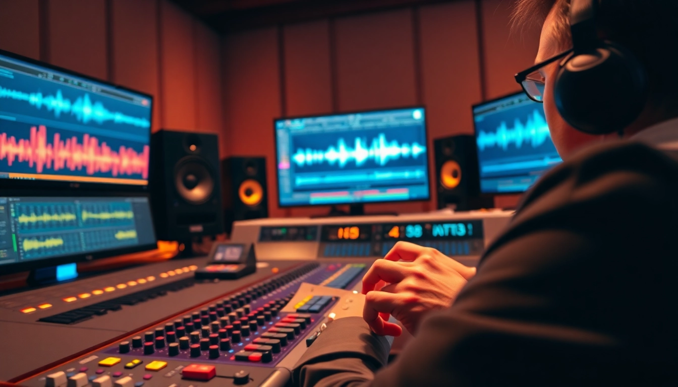 Engaging scene of online audio mastering with a focused sound engineer adjusting audio tracks.