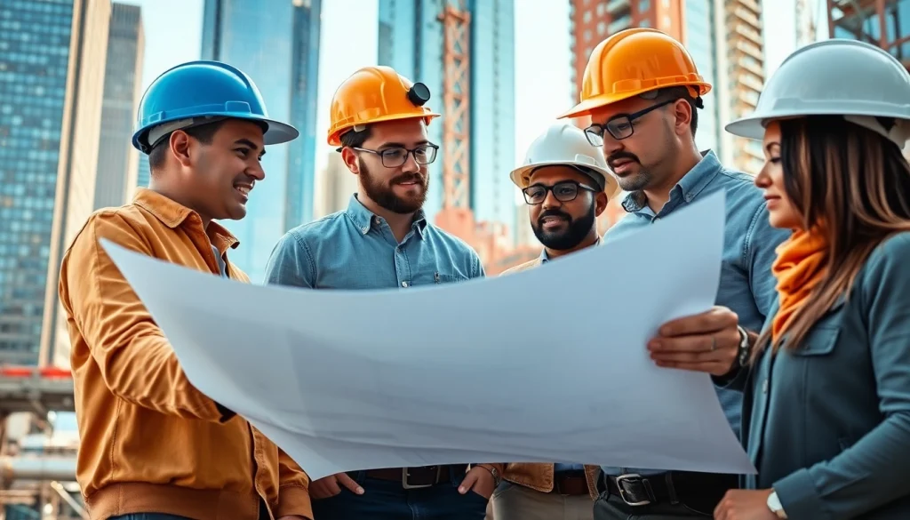 Experienced New York City General Contractor reviewing plans with a diverse team at a construction site.