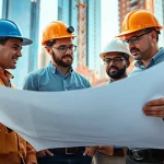 Experienced New York City General Contractor reviewing plans with a diverse team at a construction site.