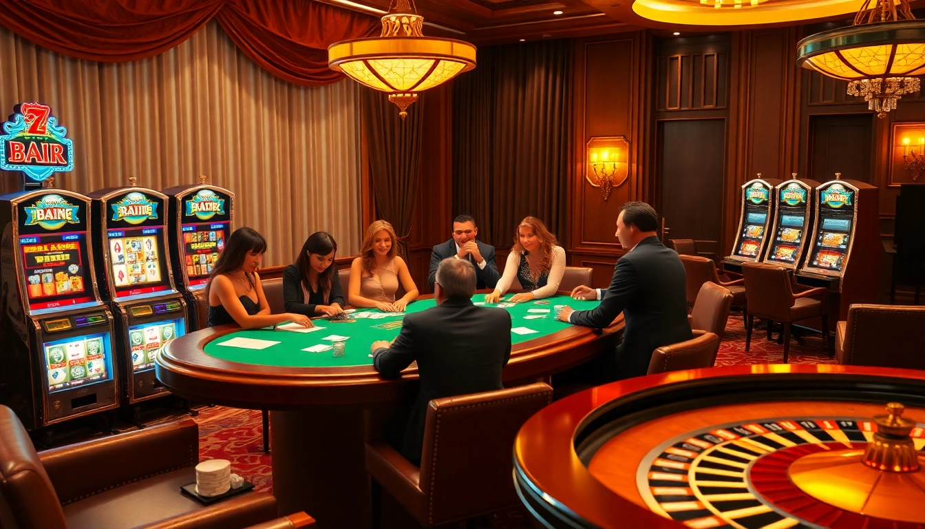 Excited players engage at an 888b poker table in a glamorous casino setting.