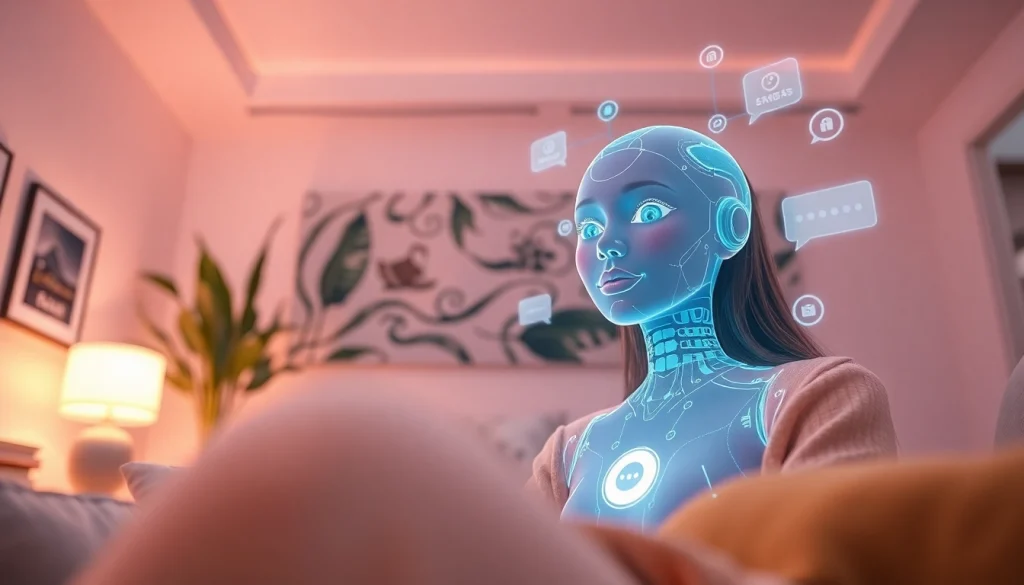 Interactive AI girlfriend in a cozy digital room, showcasing advanced technology and friendly features.