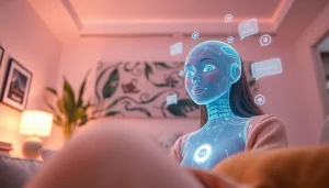 Interactive AI girlfriend in a cozy digital room, showcasing advanced technology and friendly features.