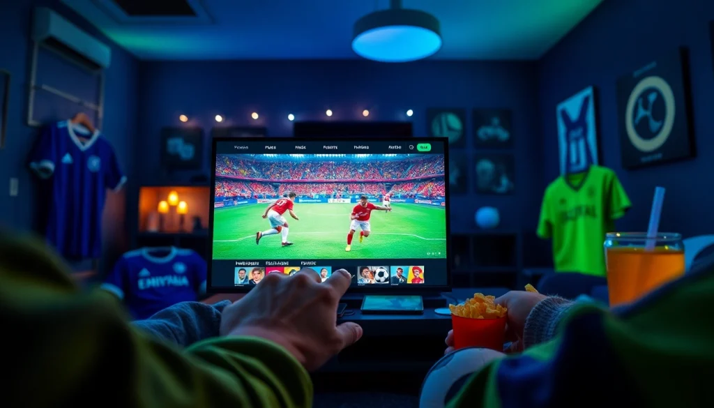 Exciting scene of fans enjoying live football streaming on joemadfan.com with vibrant interface and community atmosphere.