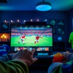 Exciting scene of fans enjoying live football streaming on joemadfan.com with vibrant interface and community atmosphere.